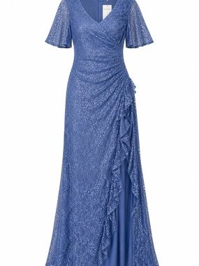 Alex Evenings Blue Sequin Lace Overlay Formal Gown Size 14 NWT